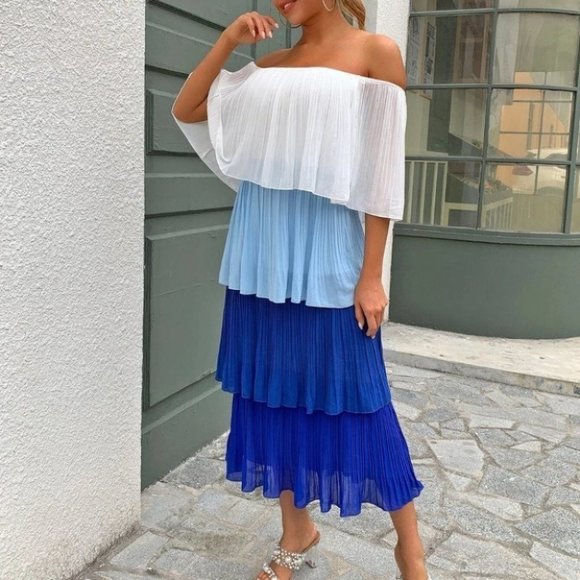 Chic Chiffon layered Pleated Flounce off shoulder Maxi Dress - Picture 1 of 6